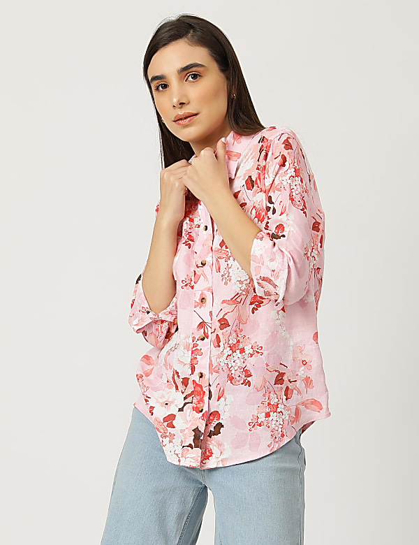 Pure Linen Floral Print Spread Collar Shirt