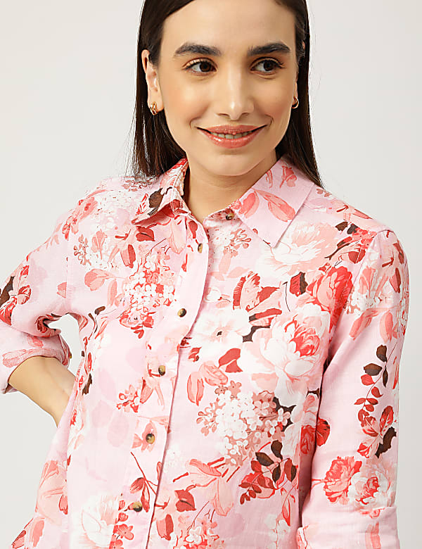 Pure Linen Floral Print Spread Collar Shirt