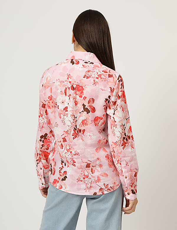 Pure Linen Floral Print Spread Collar Shirt