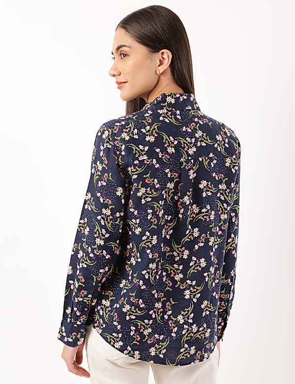 Pure Linen Floral Print Spread Collar Shirt