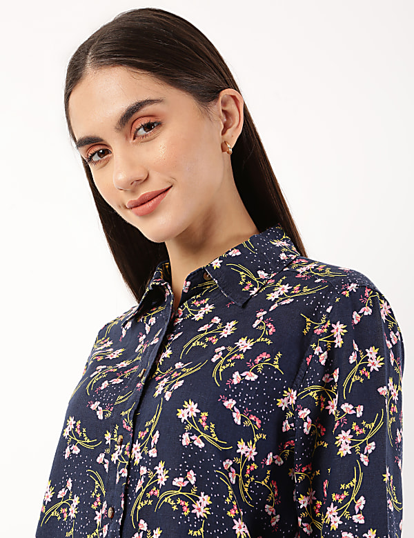 Pure Linen Floral Print Spread Collar Shirt