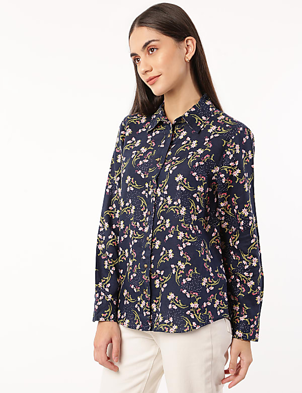 Pure Linen Floral Print Spread Collar Shirt