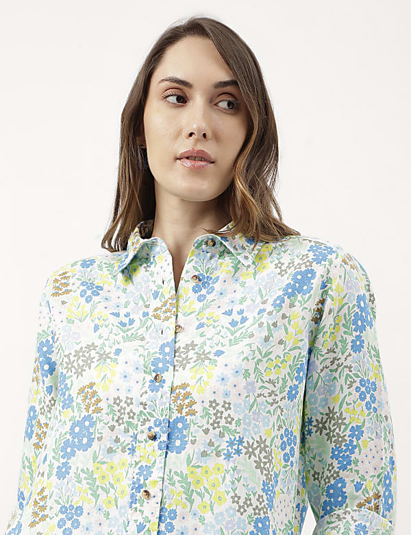 Pure Linen Floral Print Full Sleeve Shirt
