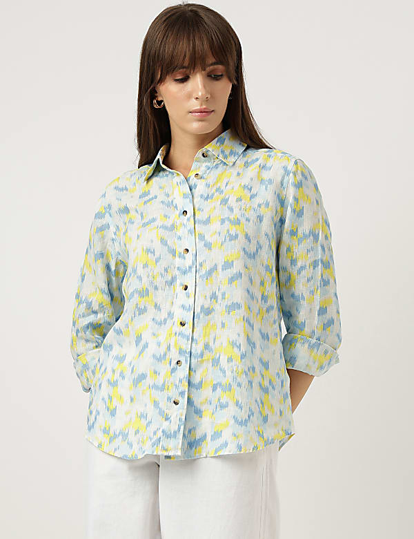 Pure Linen Ikat Print Spread Collar Shirt