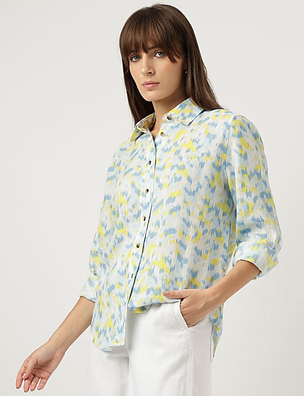 Pure Linen Ikat Print Spread Collar Shirt