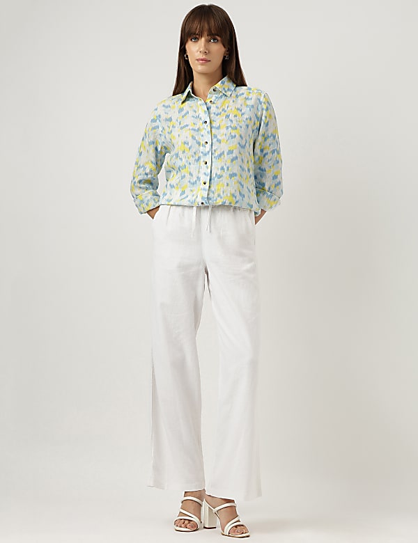 Pure Linen Ikat Print Spread Collar Shirt