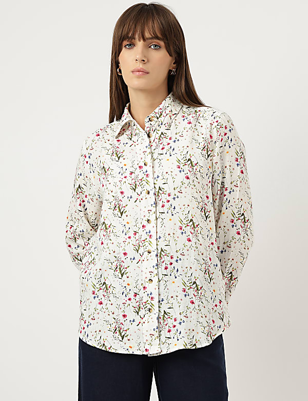 Pure Linen Floral Print Spread Collar Shirt