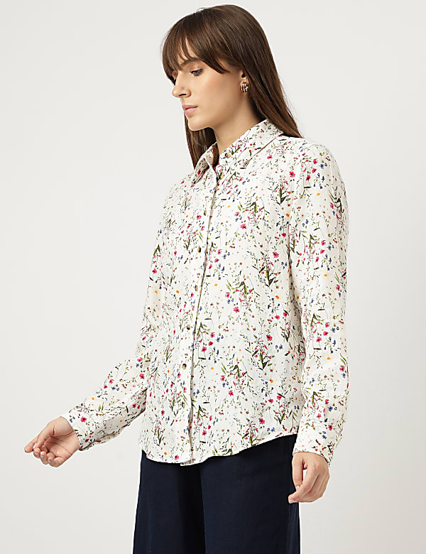 Pure Linen Floral Print Spread Collar Shirt