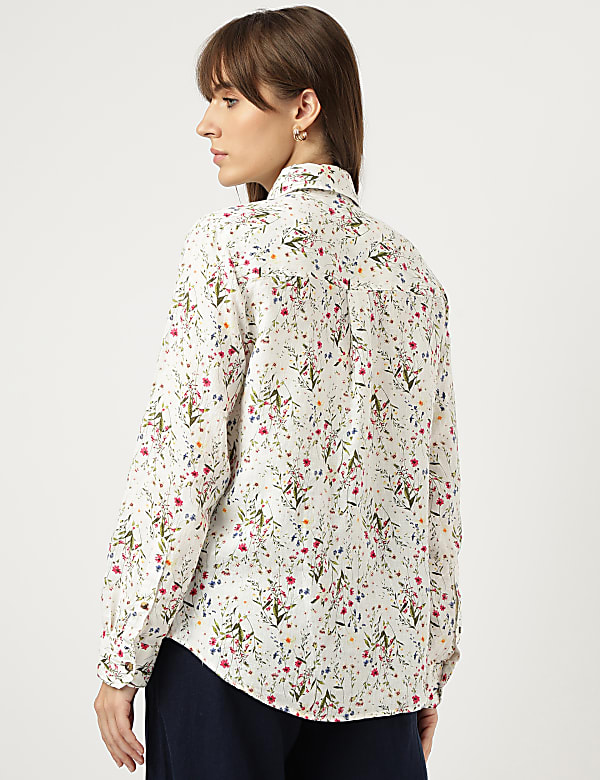 Pure Linen Floral Print Spread Collar Shirt