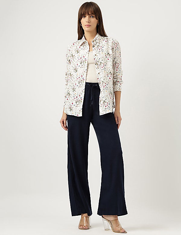 Pure Linen Floral Print Spread Collar Shirt