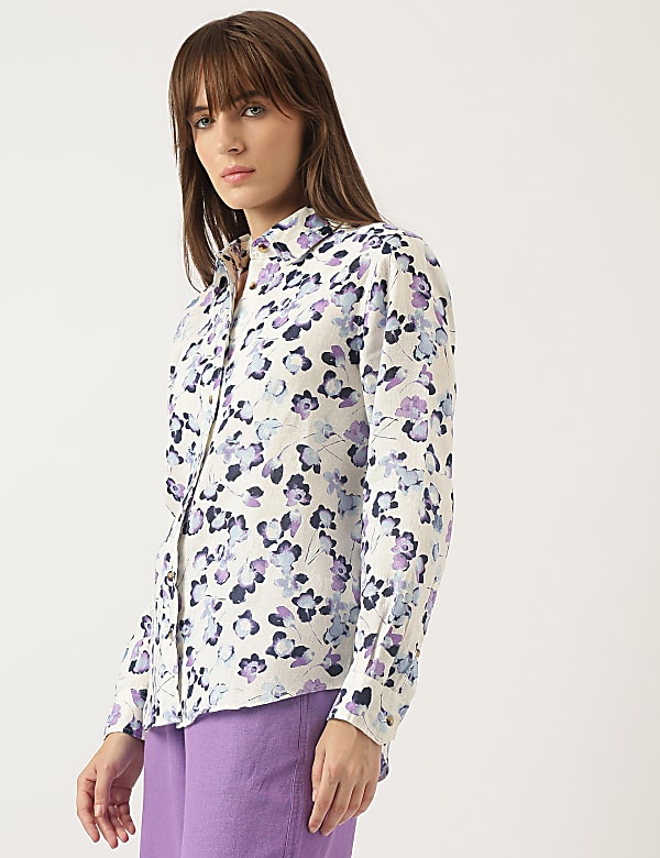 Pure Linen Floral Print Spread Collar Shirt
