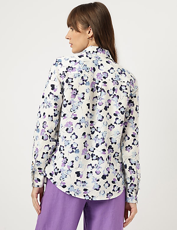 Pure Linen Floral Print Spread Collar Shirt