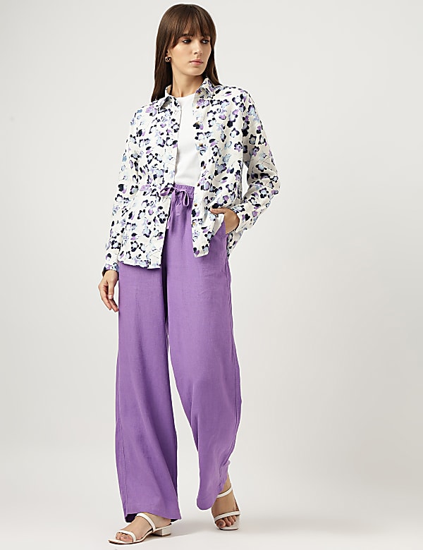 Pure Linen Floral Print Spread Collar Shirt