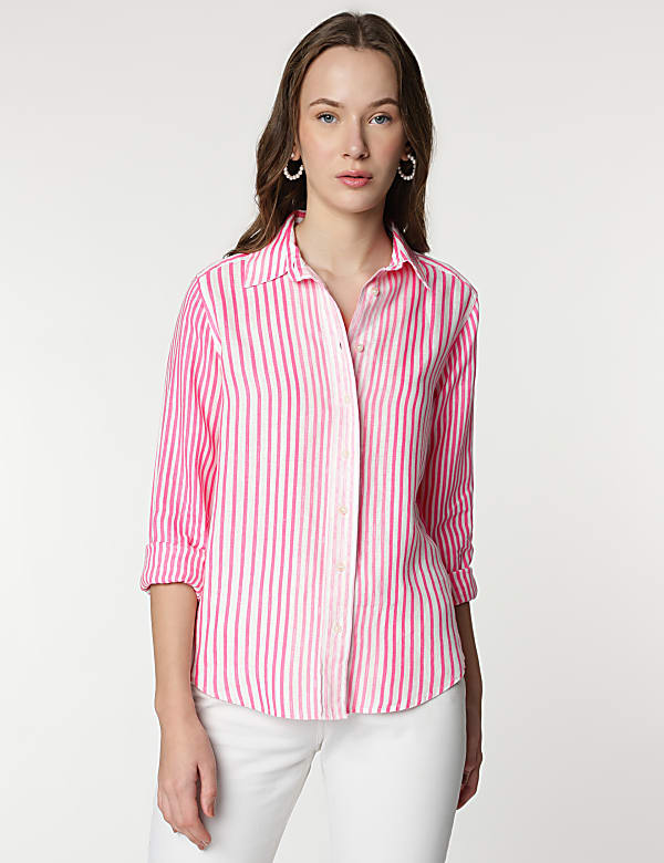 Pure Linen Stripes Spread Collar Shirt