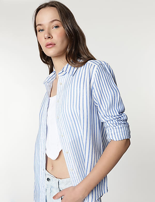 Pure Linen Striped Spread Collar Shirt