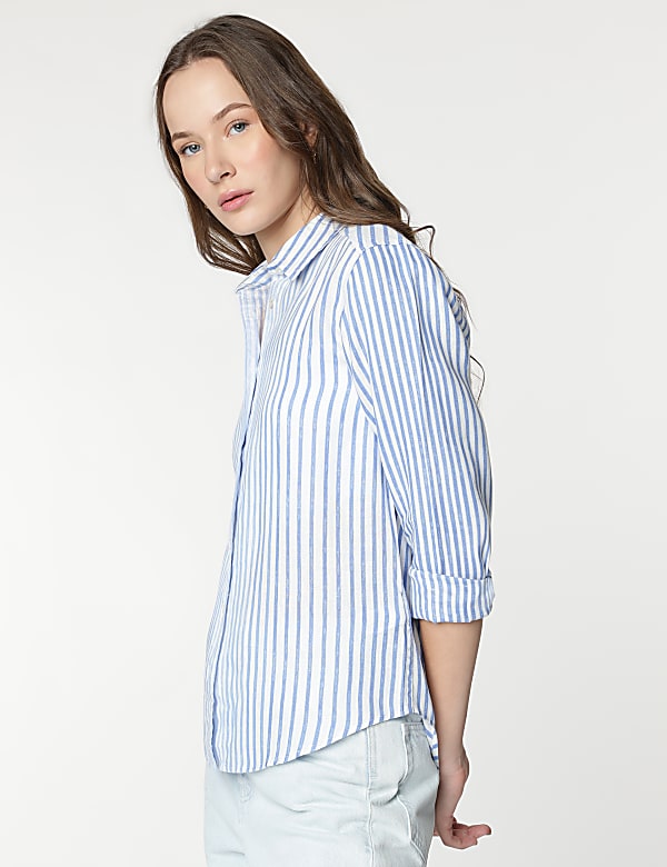 Pure Linen Striped Spread Collar Shirt