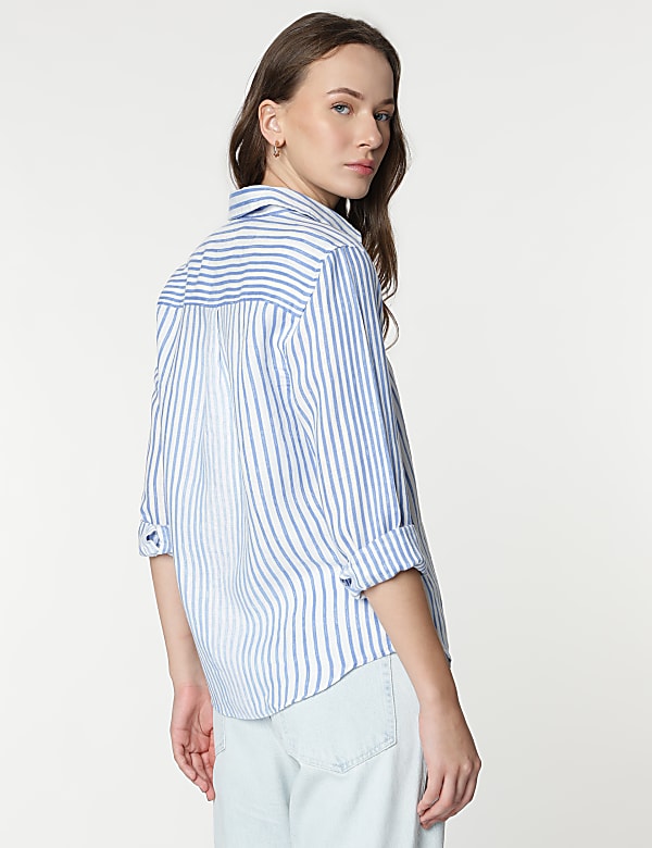 Pure Linen Striped Spread Collar Shirt