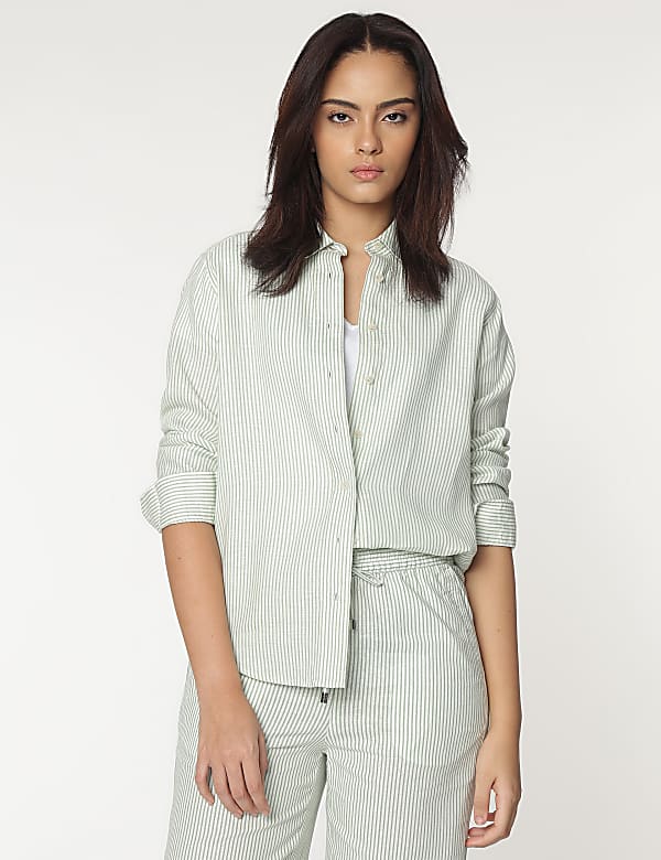 Pure Linen Spread Collar Striped Shirt