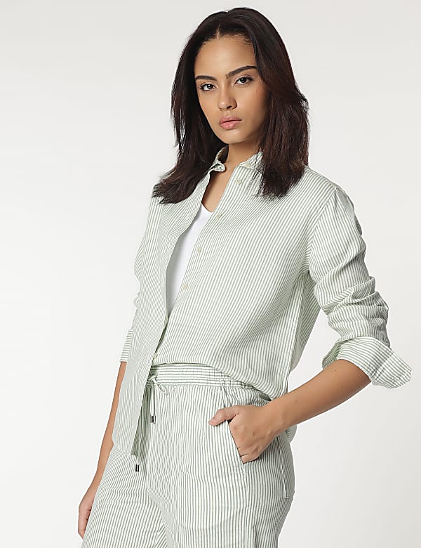 Pure Linen Spread Collar Striped Shirt