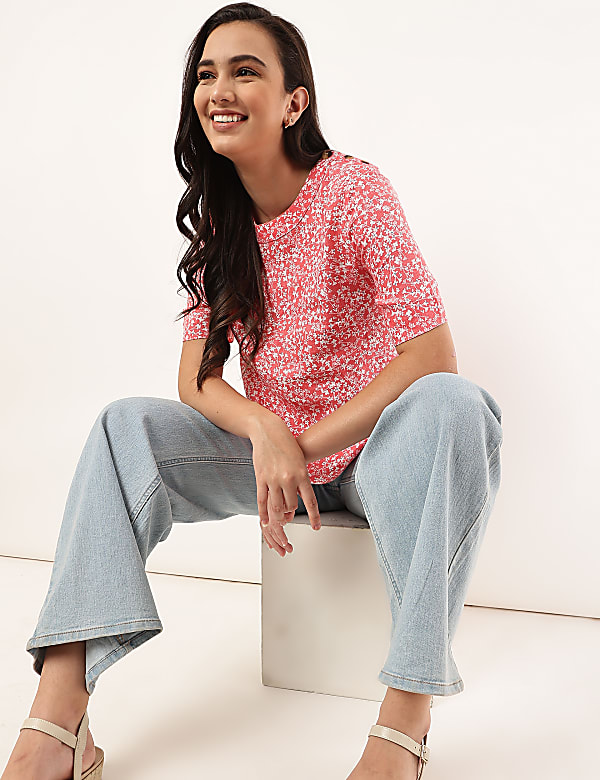 Pure Flax Floral Print Round Neck Top