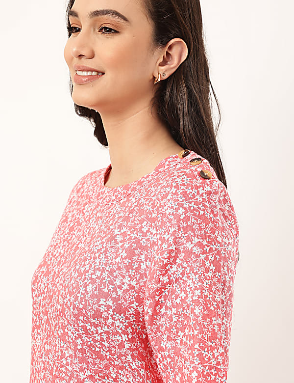 Pure Flax Floral Print Round Neck Top