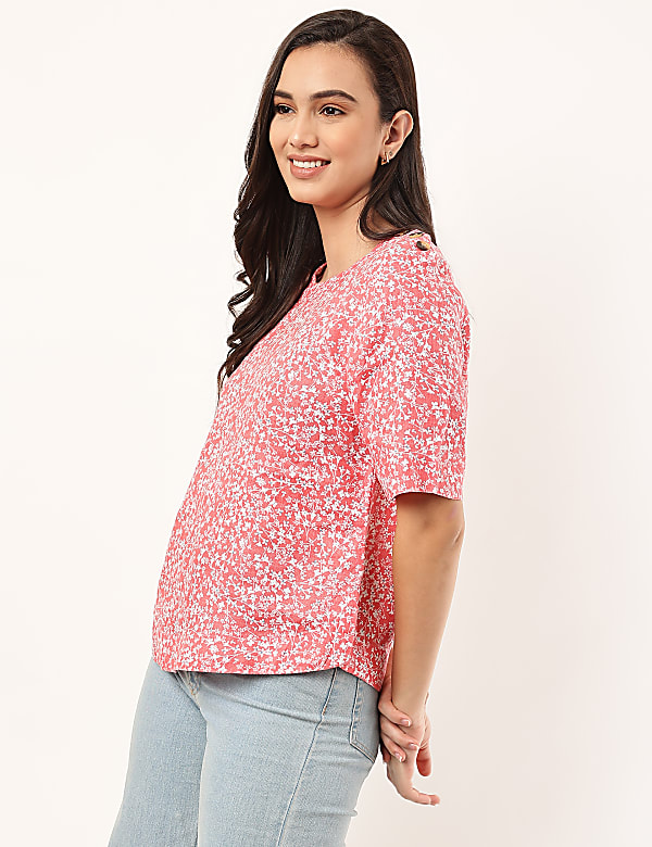 Pure Flax Floral Print Round Neck Top