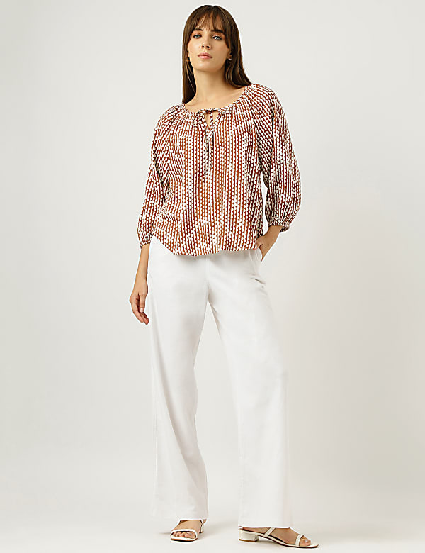 Linen Rich Geometric Print Tie-Ups Neck Top