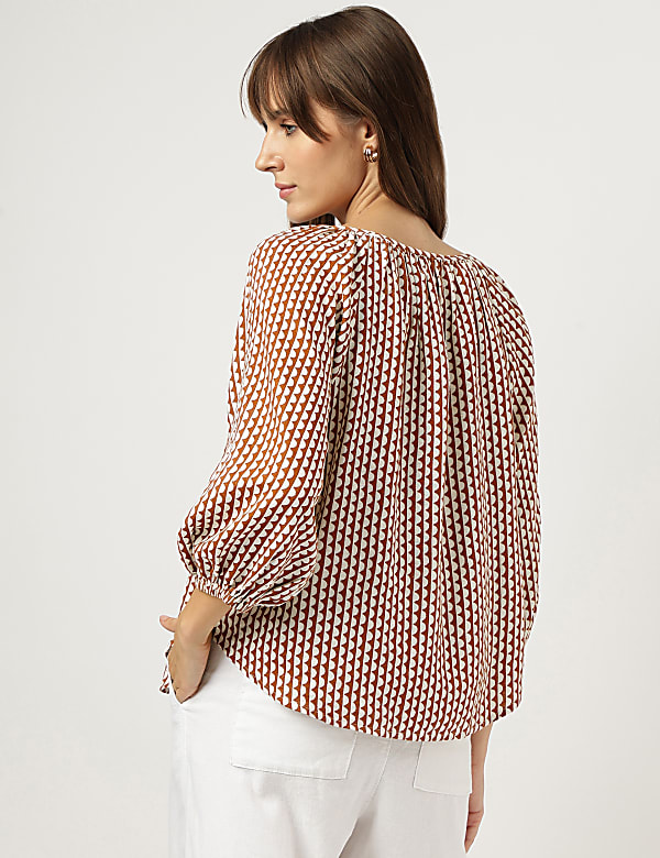 Linen Rich Geometric Print Tie-Ups Neck Top