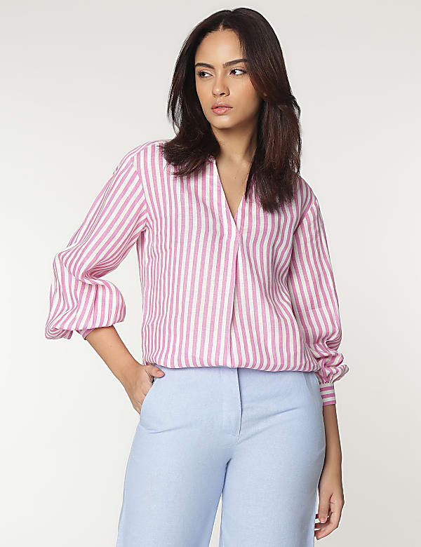 Pure Linen Spread Collar Striped Shirt