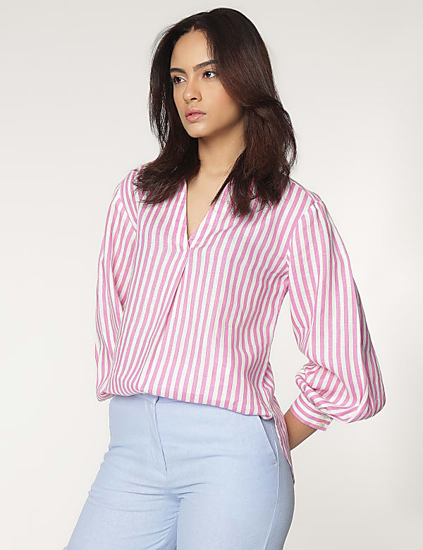 Pure Linen Spread Collar Striped Shirt