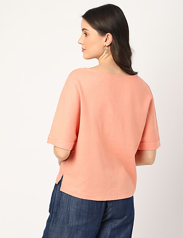 Linen Mix Plain V-Neck Top