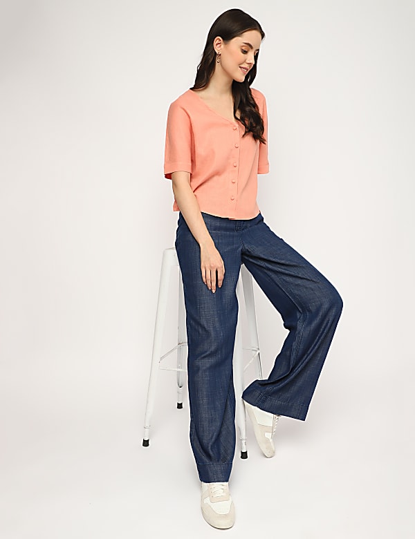 Linen Mix Plain V-Neck Top