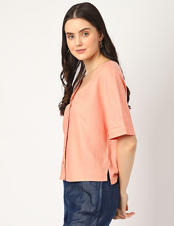 Linen Mix Plain V-Neck Top