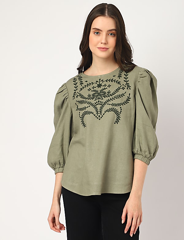 Linen Mix Embroidered Round Neck Blouse