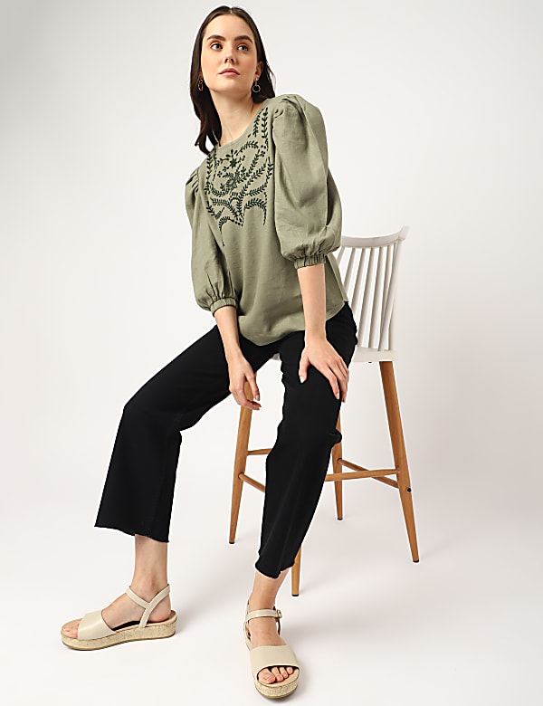Linen Mix Embroidered Round Neck Blouse