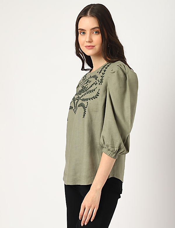 Linen Mix Embroidered Round Neck Blouse