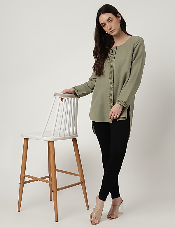 Linen Mix Lace Round Neck Tunic