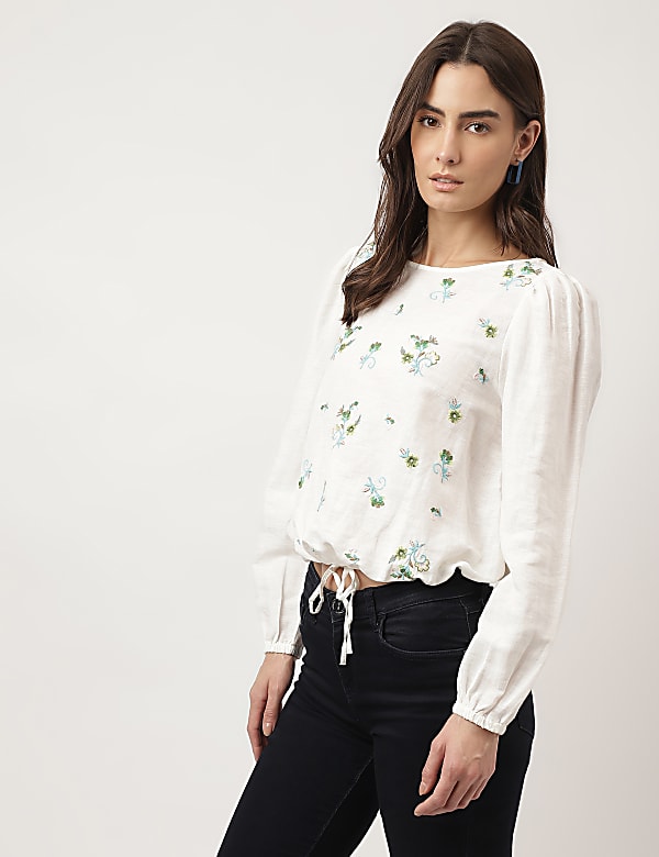 Flax Mix Embroidered Boat Neck Tops