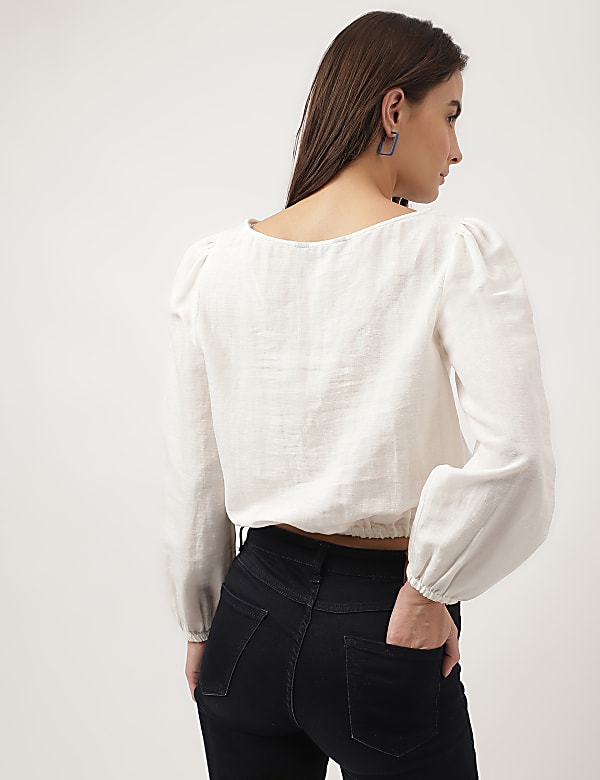 Flax Mix Embroidered Boat Neck Tops
