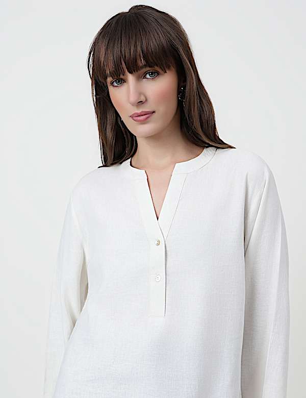 Linen Rich Plain Mandarin Collar Top