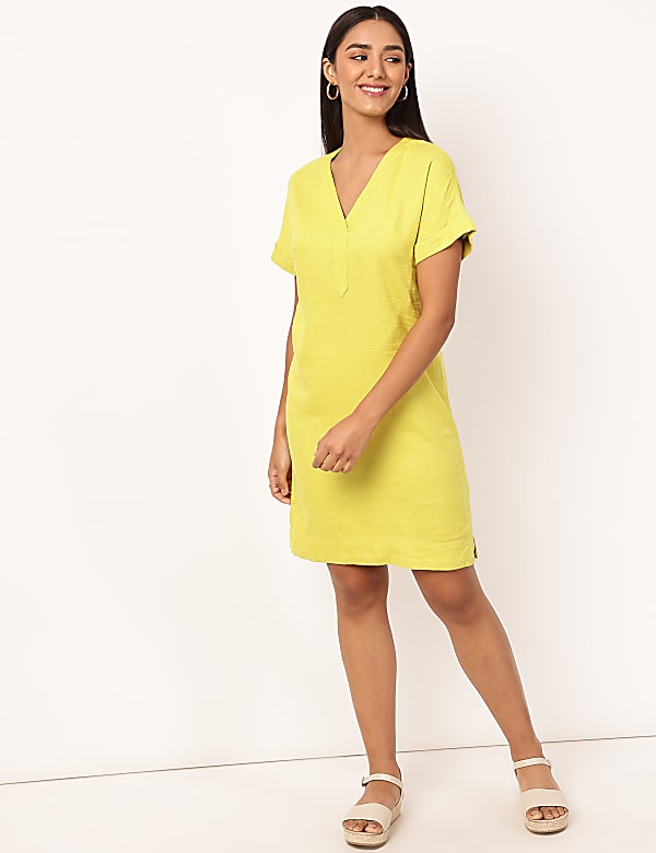 Linen Mix Plain V-Neck Dress