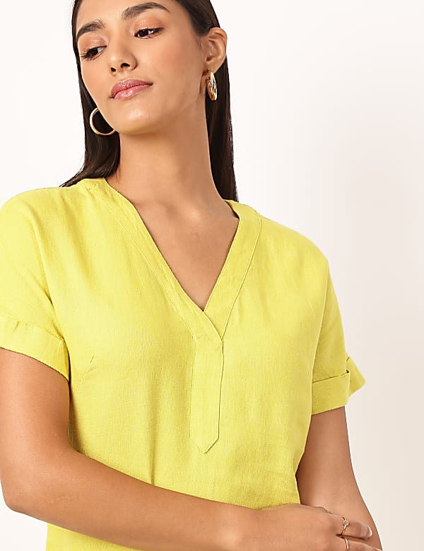 Linen Mix Plain V-Neck Dress