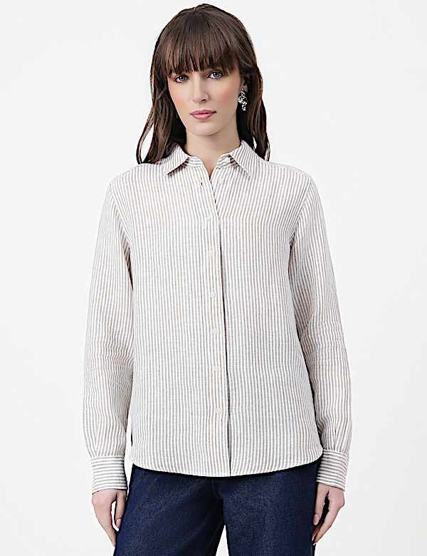 Pure Linen Striped Spread Collar Shirt