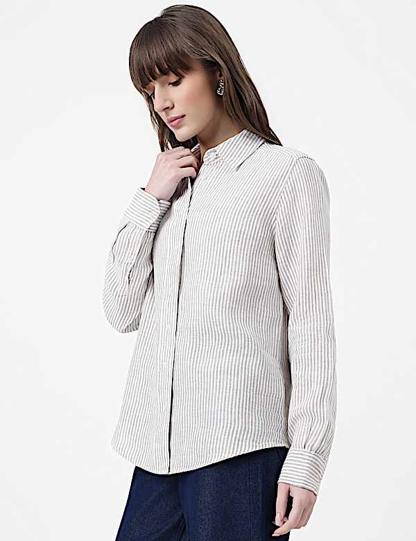 Pure Linen Striped Spread Collar Shirt