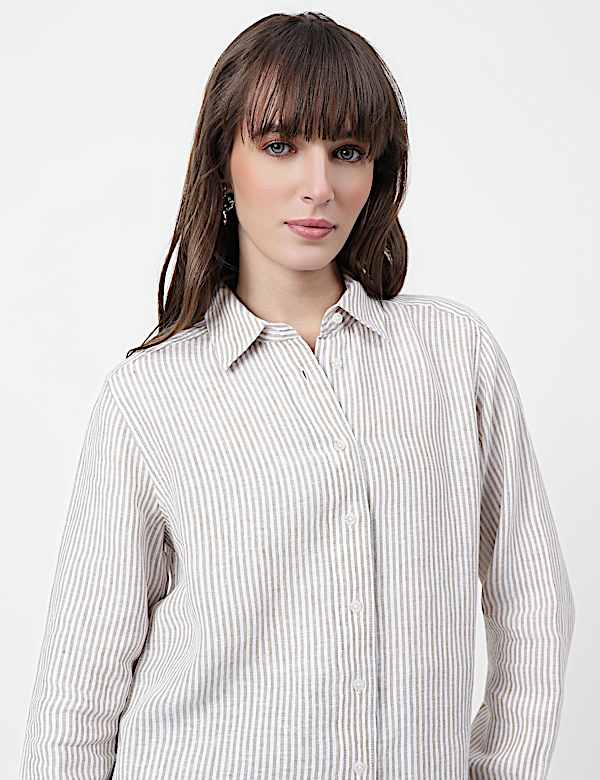Pure Linen Striped Spread Collar Shirt