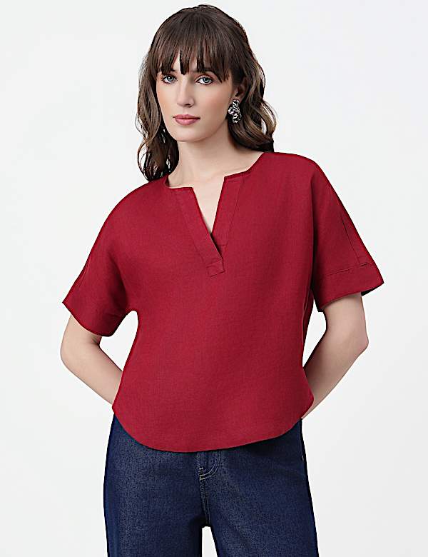 Pure Linen Plain V-Neck Top