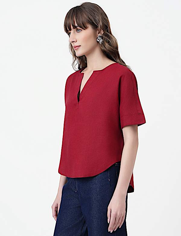 Pure Linen Plain V-Neck Top