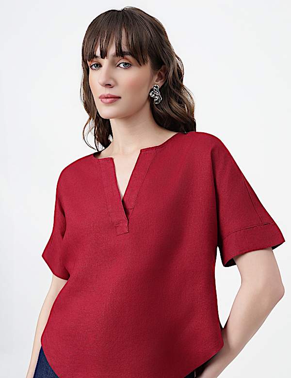 Pure Linen Plain V-Neck Top