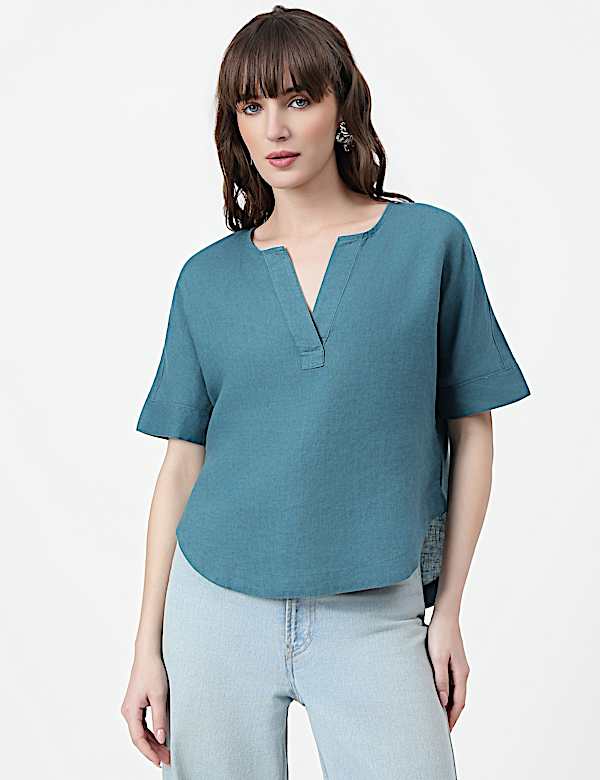 Pure Linen Plain V-Neck Top