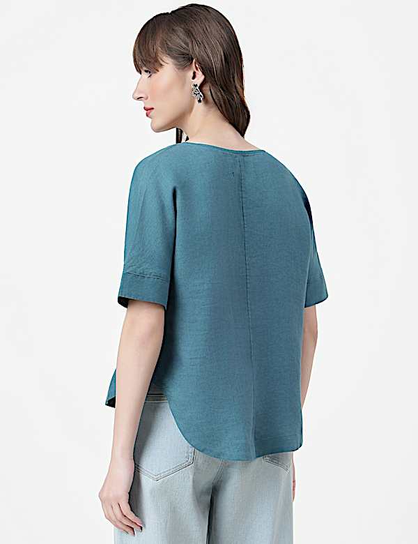 Pure Linen Plain V-Neck Top